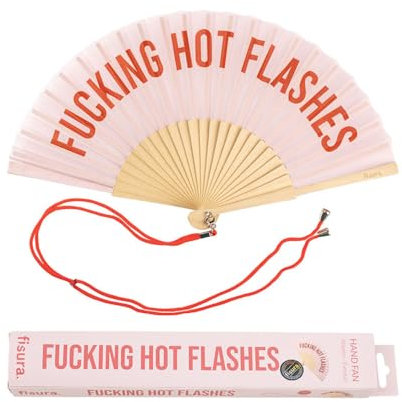 FISURA – Origineller Handfächer mit der Botschaft F*cking hot flashes. Moderner und lustiger Holzfächer. Rosa Fächer. Fächer mit Fächerhalter. Maße: 42,5 x 23 cm.