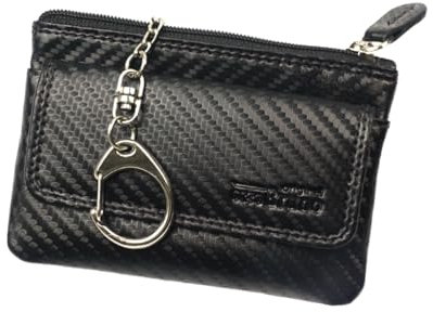 Schlüsseltasche Leder Carbon schwarz Schlüsseletui Leder Carbon Schlüsselmäppchen Damen und Herren Büffel schwarz + Karabiner und 2 Schlüsselringe + Münzfach