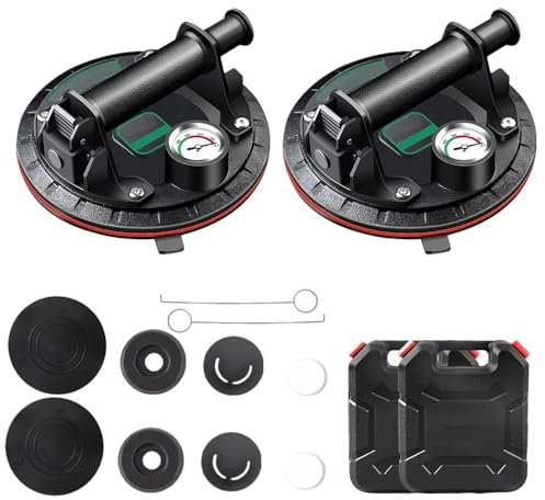 Glass Suckers Lifters, 2 Pack 8'' Heavy Duty Vacuum Suction Cup Glass Lifter with Pressure Gauge, Glass Suction Cups Lifter with Carrying Case Load 440lbs for Moving Glass/Window/Tile/Marbles