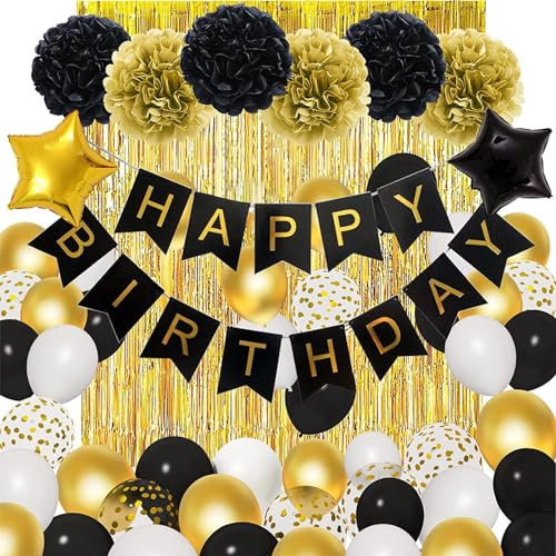 Geburtstagsdeko Schwarz Gold für Erwachsene - Premium Deko-Set mit Happy Birthday Banner, DIY Party Papier Pompoms, Konfetti-Ballons & Fransenvorhang für Mottoparty - Ideal für Frauen und Männer