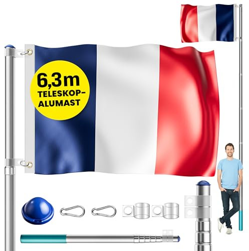 MONZANA® Mât de drapeau télescopique aluminium 6,3m douille de sol 60cm drapeau français national réglable hauteur jardin hampe drapeau