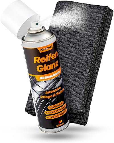 KESTRAL® Reifenglanz Aktivschaum & Mikrofasertuch - Reifenpflege & Schutz vor Rissbildung, UV-Strahlung, Salz & vorzeitiger Alterung - Gummipflege für alle Reifentypen - Made in Germany
