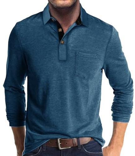 Rodawu Mens Long Sleeve Polo Shirts Golf Tops Casual Smart Polo T-Shirts Grandad T Shirt Designer Blue T Shirt Men L