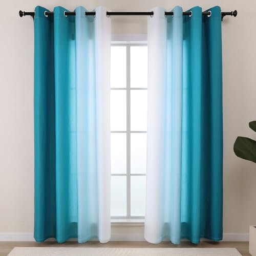 L.Z.E Farbverlauf Vorhänge Kurz Türkis Weiß Fenster Gardine Sichtschutz Lichtdurchlässig für Schlafzimmer Wohnzimmer Fenster 2er Set Privatsphäre Ösen Gardinen in Petrol Weiss 140 x 145 cm Lang Dünn