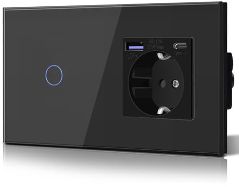 BSEED Enchufe Doble Pared con 20W USB y Tipo C,Enchufe USB C de Cristal,Carga Rápida,3 en 1,Fácil Instalación,1 Gang 1 Vía,157mm Negro