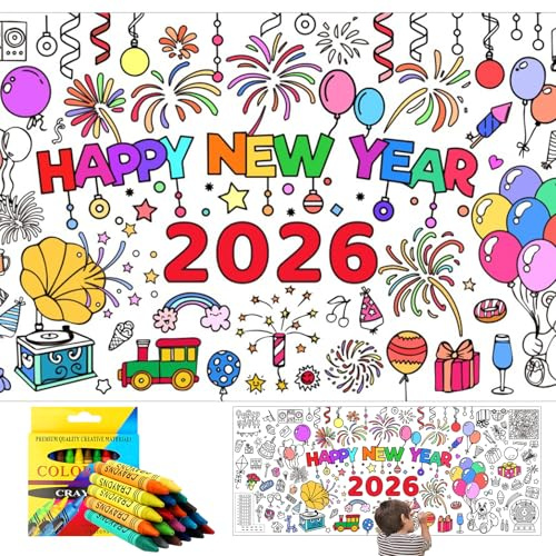 Papier-Tischdecke zum Ausmalen, Silvester Deko 2026, Happy New Year Ausmal-Tischdecke, Ausmaltischdecke Kinder, Silvester Tischdeckes, Silvester Basteln Kinder für Neujahr Supplies, Silvesterdeko
