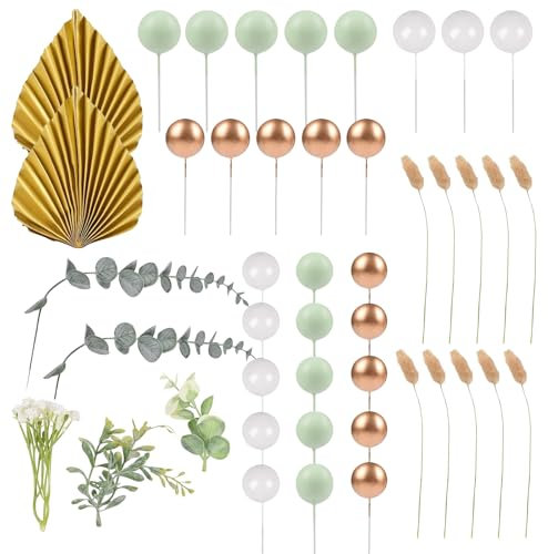 Cake Decorating Set,53 PCS Gold Palm Leaves Cake Toppers Paper Palm Fan Birthday Cake Decorations | 45 PCS Golden Green Eucalyptus Leaves Set for Birthday Party Cake Decorations Supplies (Green)