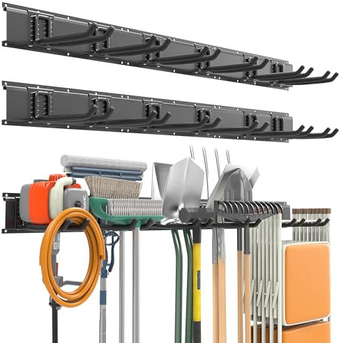 EVERHANGER Garage Tool Storage Organizer, Wall Mount Garden Tool Rack Organization, Heavy Duty Folding Chair Hangers with 12 Adjustable Hooks, Max Load 900lb, 96inch