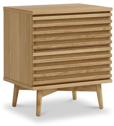 RoselandFurniture Kari Light Oak Bedside Table Cabinet | Solid Wood Mid Century Retro Slatted 2 Drawer Nightstand for Bedroom