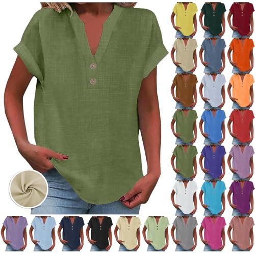 Women Tops, My Orders, Ladies Tops 2025 Women's Summer Cotton Linen Cap Sleeve T-Shirt Button V Neck Tunic Top Fashion Baggy Solid Plain Casual Shirts Trendy Blouse Army Green