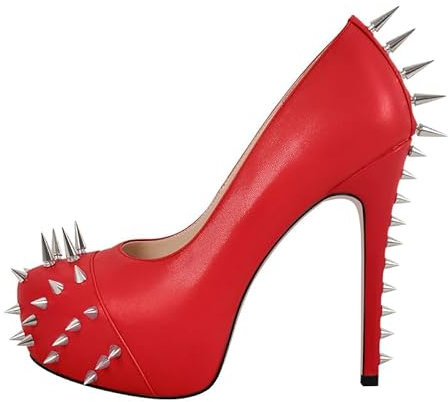 blingqueen Damen Plateau Stiletto High Heels Runde Pumps Elegante Stöckelschuhe Schlupfschuhe mit Punk Nieten Lederoptik Rot 41 EU
