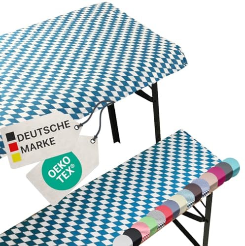 NYVI Bierbankauflagen Set NYVIGala 240x90 cm Bayrische Raute - 1x Tischdecke für 220x70 cm Biertische & 2X Gepolsterte Auflage für 220x25 cm Bierbänke - Sitzauflage für Bierzeltgarnitur
