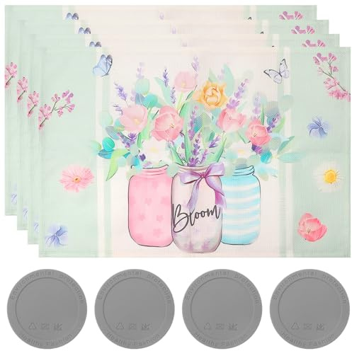 APOMOONS 4er Set Platzsets, Frühling Platzdeckchen Küche Tischsets Abwaschbar mit 4 Stück Untersetzer Silikon, Blumen Schmetterling Platzdeckchen Stoff Tisch Dekoration Drinnen Urlaub Party 45x30cm