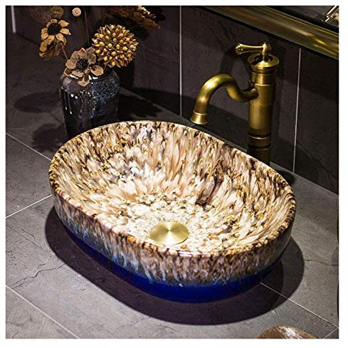 JKJZSALJ Lavabo De Cerámica De Roca Azul sobre Encimera, Estilo Rústico Europeo, para Hotel, De 35 X 26 Cm.