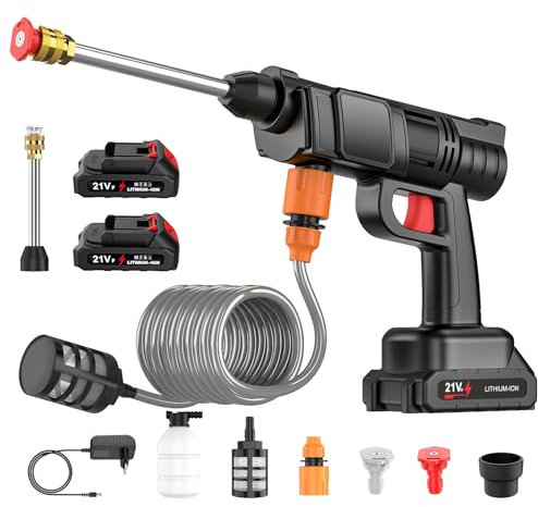 Pistola de Agua de Alta presión, 30Bar Limpiador de Alta presión portátil con batería de 6000mAh, Cargador y Manguera 5m, 435PSI hidrolimpiadora Bateria para Jardín y Coche (2 × baterías)