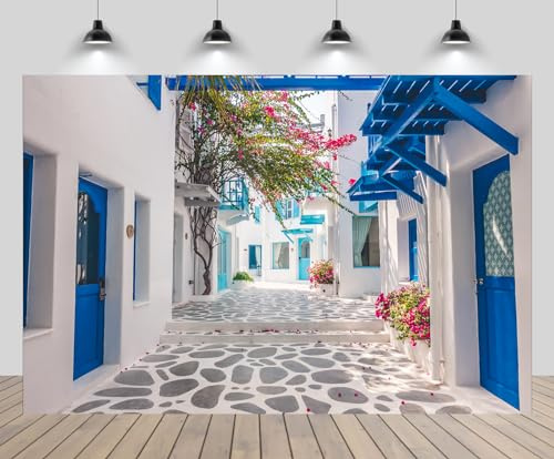 CHNBGPRO 3x2m Greece Backdrop Santorini Morocco Blue Window Flowers Street Scenery Photo Background for Greece Wedding Birthday Party Decor Music Drama Backdrop Photo Booth Props