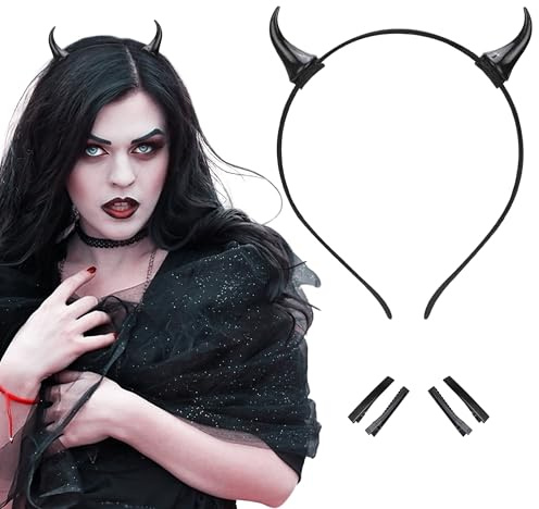 MOSTORY Serre-tête avec cornes de diable noires pour femme, bandeau d'Halloween avec clips pour costume de diable et cosplay