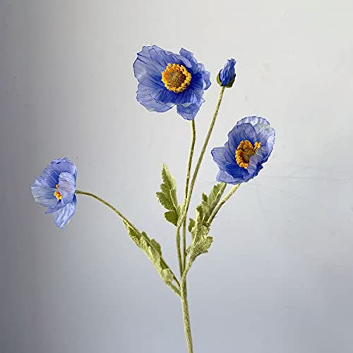 Fiori di papaveri artificiali, splendido stelo floccato in seta, fiori di papaveri finti, piante di seta realistiche con stelo floccato finto bouquet (blu)