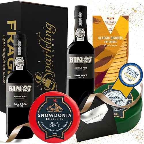 Port and Cheese Gift Set – 2 Mini Bottles of Fonseca Bin 27 Reserve Port (200ml) with Award-Winning Snowdonia Cheese & Biscuits – Luxury Food Hamper for Him, Birthday, Father’s Day, Thank You
