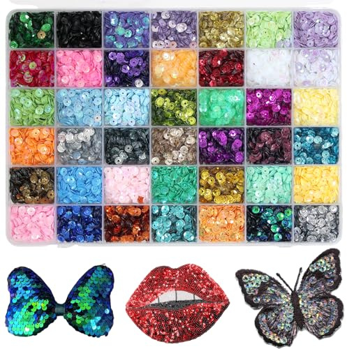 42 Farben Pailletten zum Basteln, BetterJonny Pailletten Basteln Glitzer Lose Craft Pailletten zum Aufnähen mit Box Bunte Pailetten zum Nähen Aufkleben Auffädeln für DIY Kunsthandwerk, 6mm