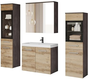 PIASKI Udine Badezimmermöbel-Set, Waschbecken, Spiegel, Glasschrank, Siphon und Waschbecken im Lieferumfang enthalten (LED/Kastanienbraun)