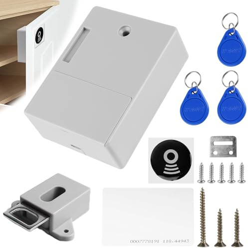 Behogan Elektronisches Schrankschloss: Smart Schubladenschloss, Möbelschloss mit 3 Schlüsselanhänger und 1 RFID Karte, Intelligentes SmartLock Verstecktes digitales Schloss ohne perforiertes Loch