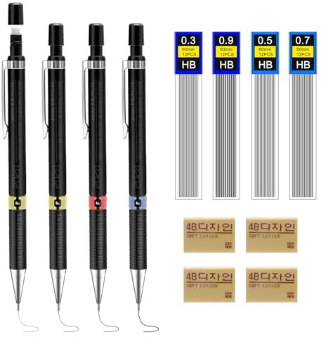 Druckbleistift Set 0,3/0,5/0,7/0,9mm 4 Stück Mechanischer Bleistift mit 48 Bleistiftminen & 4 Radiergummis Fallminenstift für Schule Büro,Zeichnen & Skizzieren für Studenten Architekten Künstler