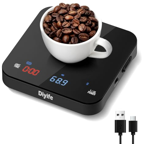 Diyife Mini Coffee Scales with Timer, 0.1g/2kg, Tri-Screen, 4 Brewing Modes | Rechargeable High Precision Digital Coffee Weighing Scales, USB-C Charging, Flow Rate for Espresso & Pour Over, Auto Timing