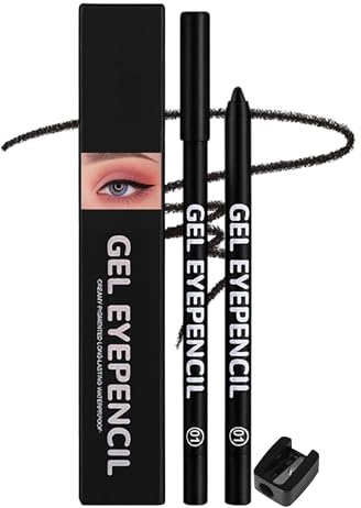 Erinde Lápiz de Ojos Negro Resistente al Agua, Lápiz Gel para Delineado, Alta Pigmentación, Larga Duración, Incluye Sacapuntas para Aplicación Precisa #01