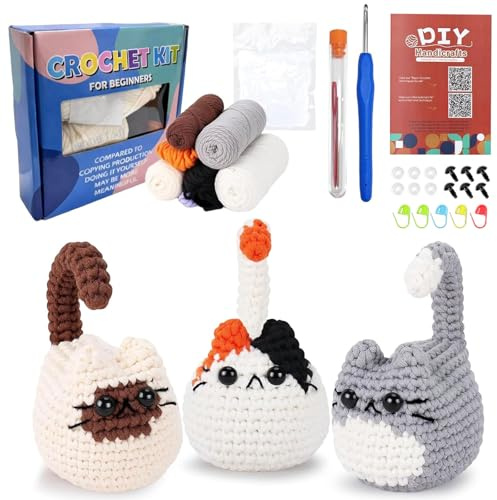 YushengTai Häkelset für Anfänger Katzen - Komplettset mit Garn, Häkelnadel & Video-Anleitung - Tier Häkeln Schritt-für-Schritt - Ideal für Erwachsene & Kinder - Weihnachtsgeschenke