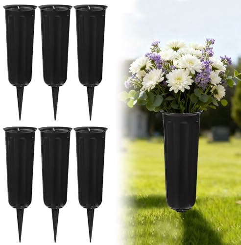 6 Pcs Grave Vases with Spike, Spiked Memorial Grave Flower Vases, Cemetery Vases, Plastic Spike Grave Ornament for Graveside Lawn Yard Garden Decoration (Black)