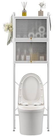 woshapce 3 Tier over Toilet Storage Unit, Over the Toilet Storage Unit with Doors, Waterproof Dustproof Space Saving Bathroom Organiser, No Drill Installation, Metal Frame & PVC Doors (White)