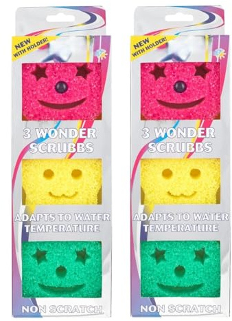 6 Pcs Smiley Face Wonder Scrubs With Suction Cup Holder | Dual Sided Non Scratch Sponge Scourers, Smiley Kitchen Sponges for Dishwashing & Bathroom | Colors May Vary