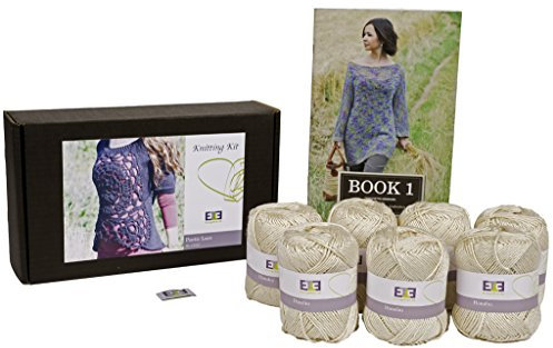 DesignEtte Strickset Pullover DIY Pulli Poetic Lace mit 8 Knäulen extrafeiner Merino Wolle + Anleitung für 7 Dänische Strick Designs und 2 Häkel Designs. Größe M/L, Weiss.