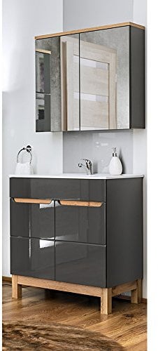 Lomadox Badezimmer Waschplatz Set Hochglanz mit 60 cm Waschtuschunterschrank inkl. Keramik Waschtisch und Spiegelschrank
