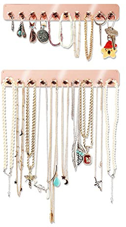 Boxy Concepts Necklace Holder Organizer - 2-Pack Rose Gold 10.5 x 1.5 in Wall Mount Hanging Rack - 10 Hooks for Necklaces, Earrings & Keys - Jewelry Storage - Adhesive & Screw Installation
