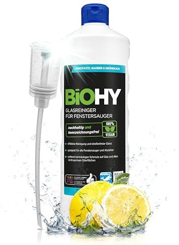 BiOHY Glasreiniger für Fenstersauger (1l Flasche) + Dosierer | Fensterreiniger Konzentrat für alle Fenstersauger | Bio Reinigungsmittel sorgt für streifenfreien Glanz | Glasreiniger