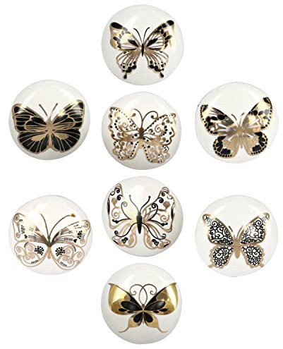 G Decor White and Gold Assorted Butterflies Designs Ceramic Door Knobs, Vintage, Shabby Chic, Interior Furniture, Cabinet Cupboard Drawers Pulls Handles (8-Pack)