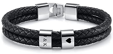 PiercingJak Herren Armband mit Gravur 2 Namen Männer Lederarmband geflochten Schwarz Echtleder Wickel Edelstahl Namensperlen ID Armreif Charm Schmuck Personalisierte Geschenke für Mann