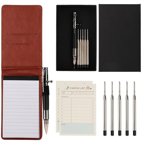 SMOOTHERPRO Mini porte-bloc-notes format de poche 11pièces comprenant un stylo à boulon 5 recharges 50 feuilles de papier pour cahier 60 feuilles de listes 60 feuilles de planificateur Marron(MN135BN)