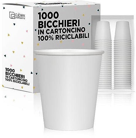 cubex professional 1000 Bicchieri in cartoncino da 180 ML Bianchi, per Caffè, Acqua, Bevande Calde e Fredde, 100% Riciclabili