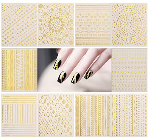 MWOOT 10 Blätter Gold Nagelsticker Abziehbilder Nail Art Sticker, 3D Selbstklebende Nagelaufkleber Set Linien Streifenband Design,DIY Metallisch Nailart Aufkleber Maniküre Zubehör für Nagel Dekoration