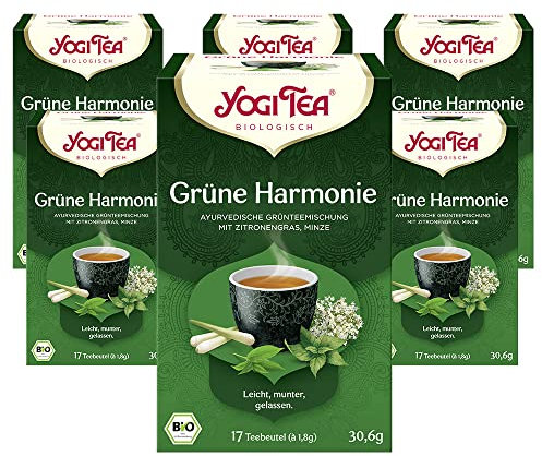 Yogi Tea - Grüne Harmonie, Ayurvedischer Bio Gewürz- und Kräutertee, Mischung aus Grünem Tee, Zitronengras, Pfefferminze, Yogi Tee 6er Pack, 6x17 Beutel (102 Teebeutel insgesamt), Ideal als Geschenk