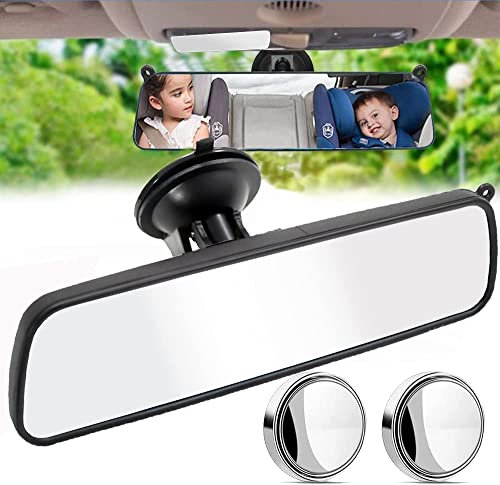 Rear View Mirror, Car Interior Mirror - 360° Adjustable Driving Instructor Mirror with White Suction Cup Mount and 2 Pcs Blind Spot Mirrors