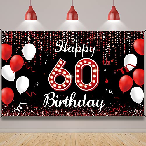 Vicycaty 60th Birthday Decoration Banner Backdrop, Happy 60th Birthday Decorations for Women, Red Black White 60 Years Old Birthday Party Photo Booth Props Yard Sign for Outdoor Indoor, Fabric