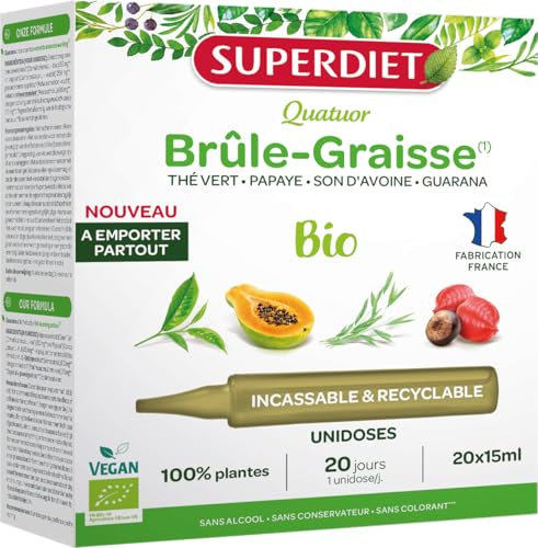 SUPERDIET - QUATUOR BRÛLE-GRAISSE BIO - Minceur -Thé vert, Papaye, Son d'avoine, Guarana - Format nomade-20 Unidoses de 15 ml