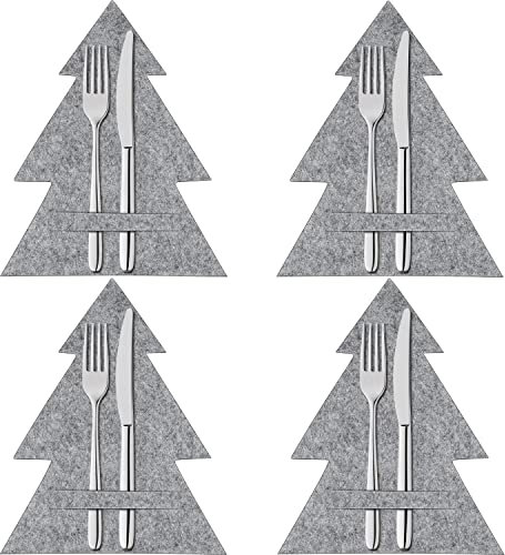 HUYUE Bestecktasche Weihnachten Besteckhalter Filz Weihnachtsbaum für Tischdeko Weihnachten (4 Stück)