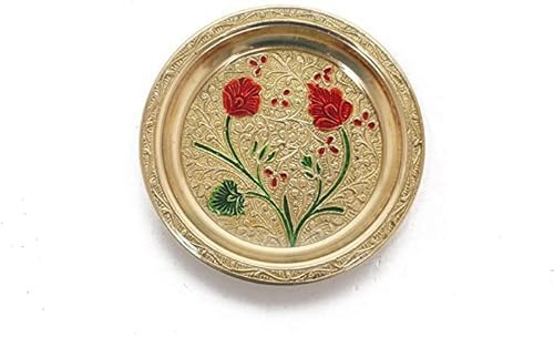 Decorative Pooja Thali Meenakari work Plate Platter Small Brass Plate Prasad Plate Katori Utensils Pooja Item Articles for Indian Traditional Festival Navratri New year Pooja (Size:-4)(Golden)