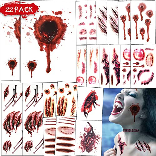 Halloween Tattoo, Huarsion 22 Blatt Narben Tattoo Halloween Schminke Zombie Tattoo Wunden Kunstblut Gruselig Horror Tattoos Aufkleber Temporäre Tattoos Halloween Party Cosplay Kostüm Makeup