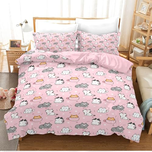 Katze Bettwäsche 220x240,Cartoon Katzen Bettwäsche Set für Erwachsene, Jungen und Mädchen, niedliche rosa Katze, Atmungsaktiv Weicher Mikrofaser Bettbezug mit Kissenbezügen(Katze-5, 220x240cm)